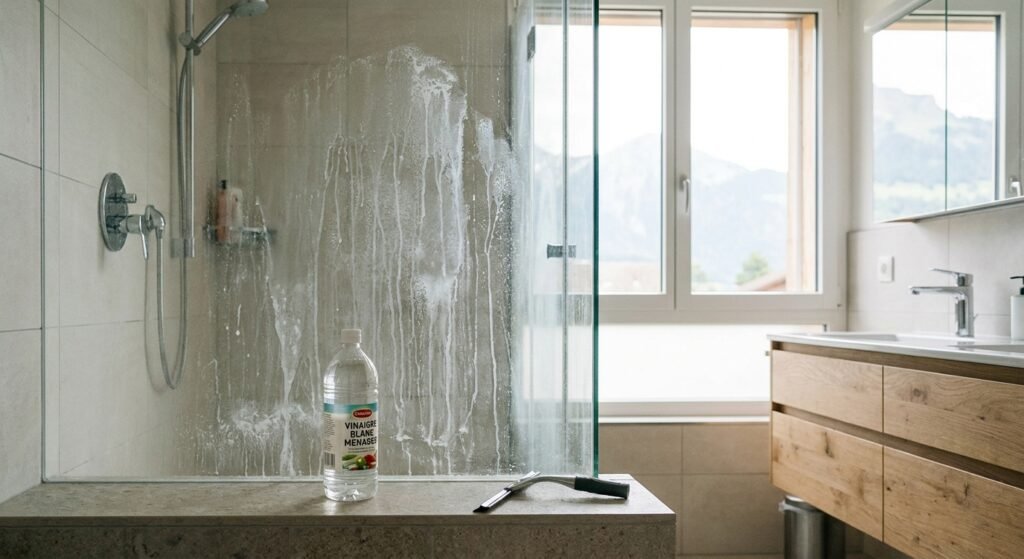 Paroi de douche avec traces de calcaire avant nettoyage