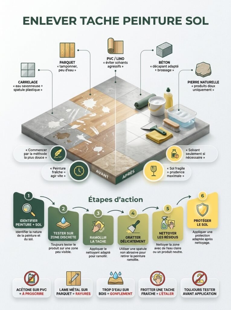 Infographie pour enlever une tache de peinture sur un sol sans abîmer le revêtement